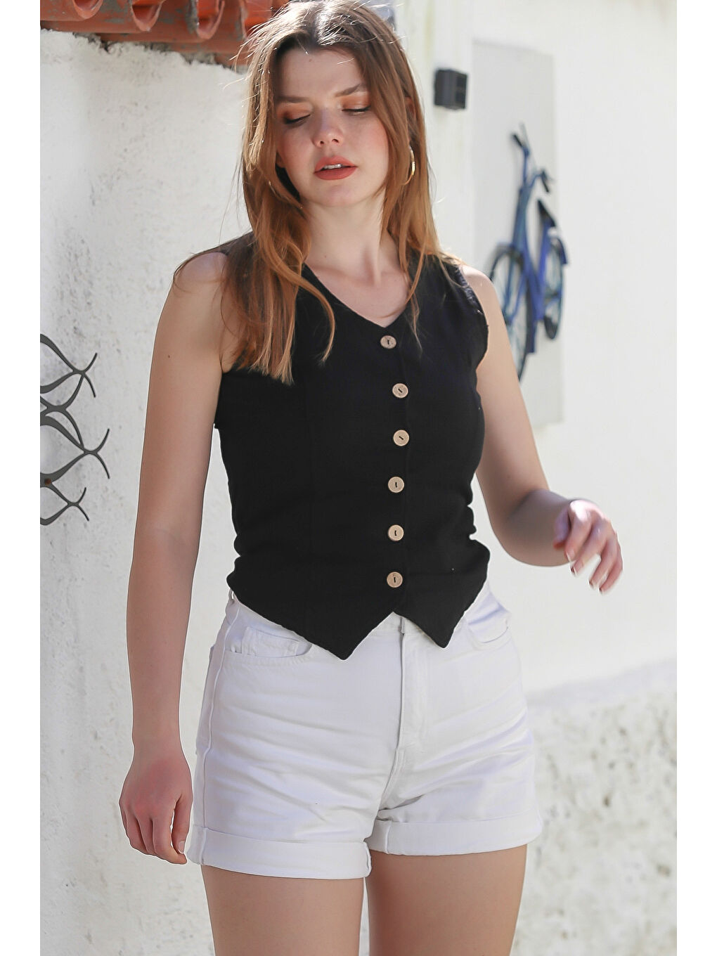 Siyah V Yaka Düğmeli Yıkamalı Kulplu Casual Fitted Dokuma Yelek 55 45