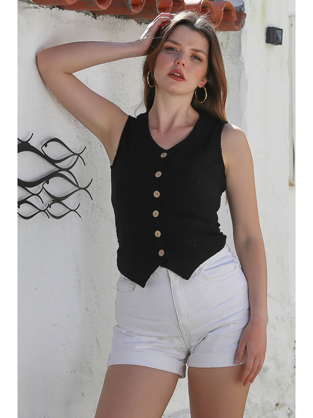 Siyah V Yaka Düğmeli Yıkamalı Kulplu Casual Fitted Dokuma Yelek 55 45-1