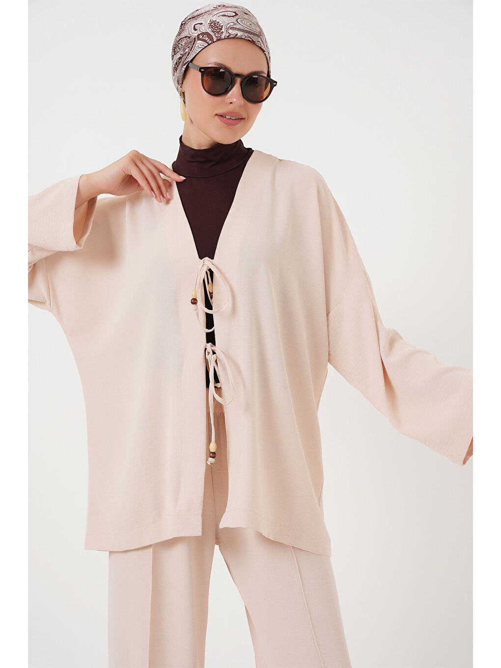 Ekru Kadın Ayrobin Kimono Pantolon İkili Takım 6739 - Krem-2