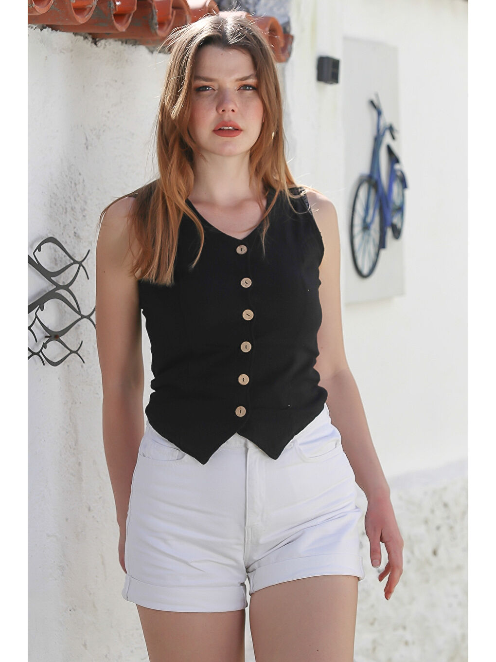 Siyah V Yaka Düğmeli Yıkamalı Kulplu Casual Fitted Dokuma Yelek 55 45-2