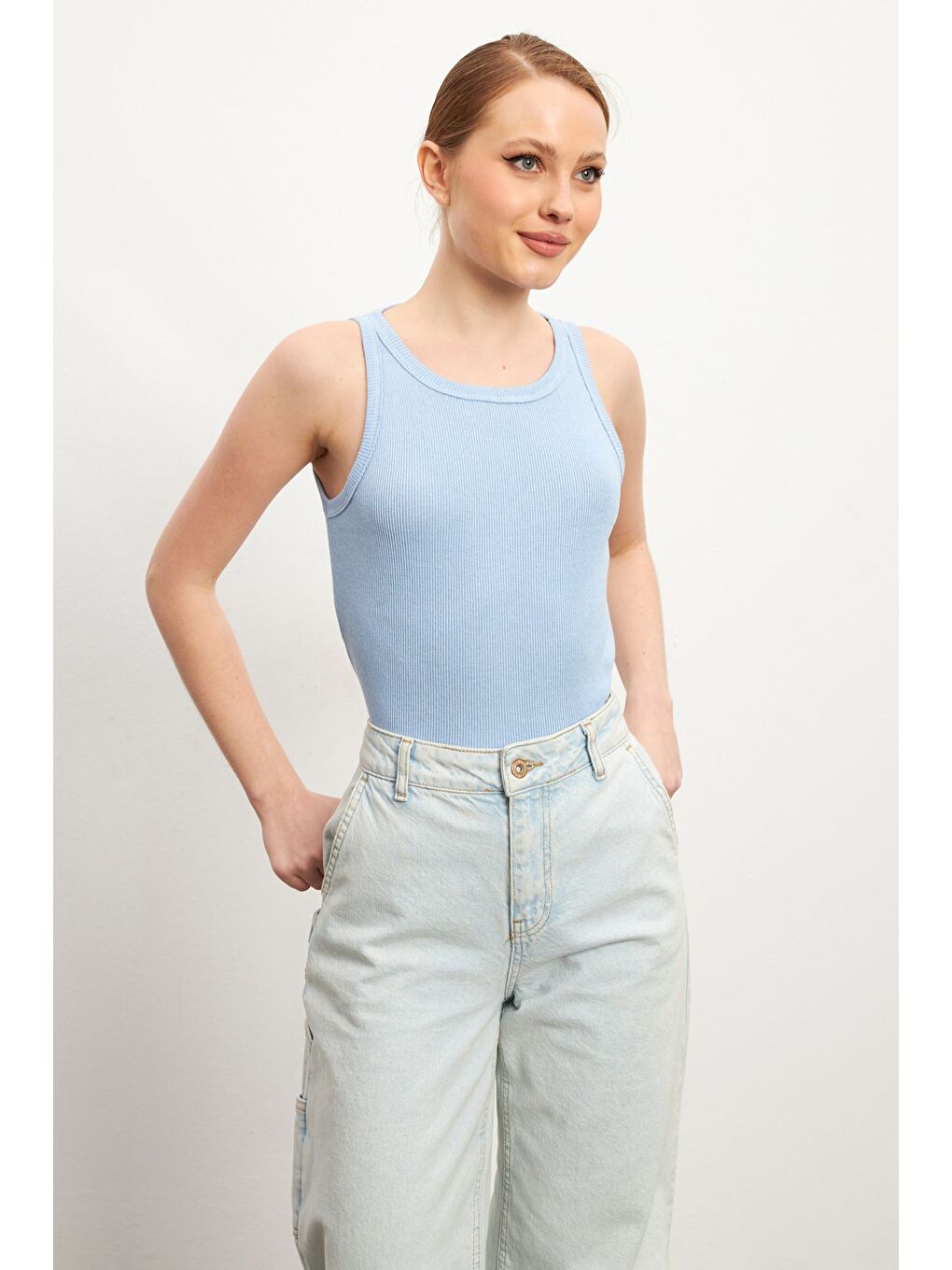 Kadın Mavi Gri Kalın Askılı Bisiklet Yaka Fitilli 2 li Paket Atlet Bluz-1