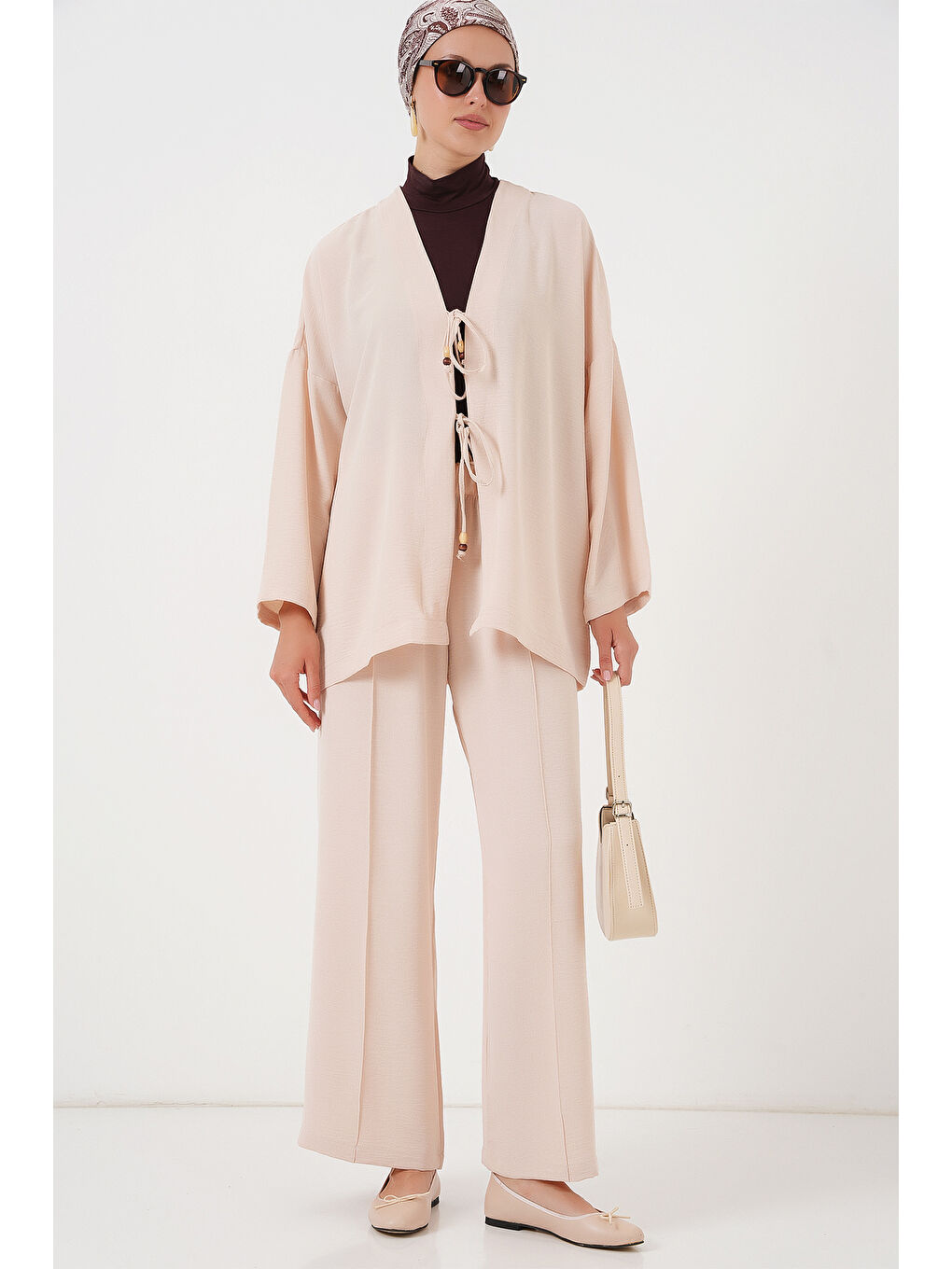 Ekru Kadın Ayrobin Kimono Pantolon İkili Takım 6739 - Krem-3