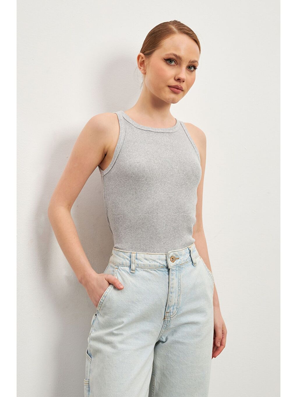 Kadın Mavi Gri Kalın Askılı Bisiklet Yaka Fitilli 2 li Paket Atlet Bluz-2