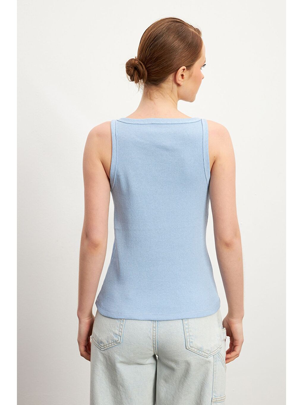 Kadın Mavi Gri Kalın Askılı Bisiklet Yaka Fitilli 2 li Paket Atlet Bluz-3