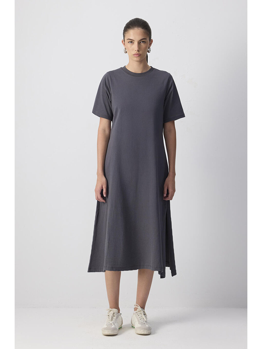 Antrasit %100 Pamuklu Kısa Kollu Örme Elbise