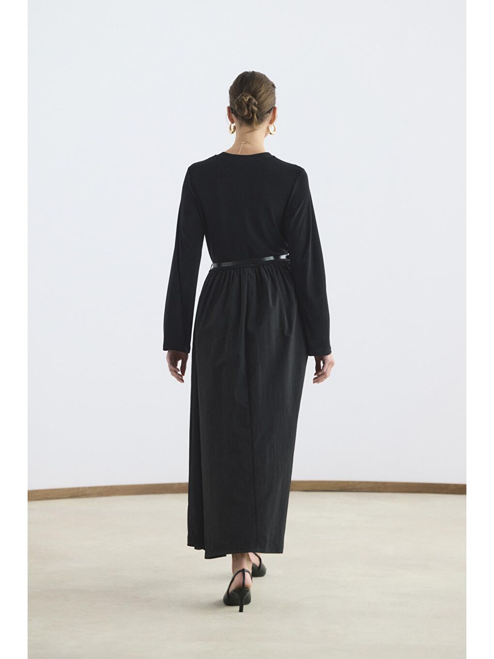 Dar Kesim Kemerli Mix Elbise Siyah-8