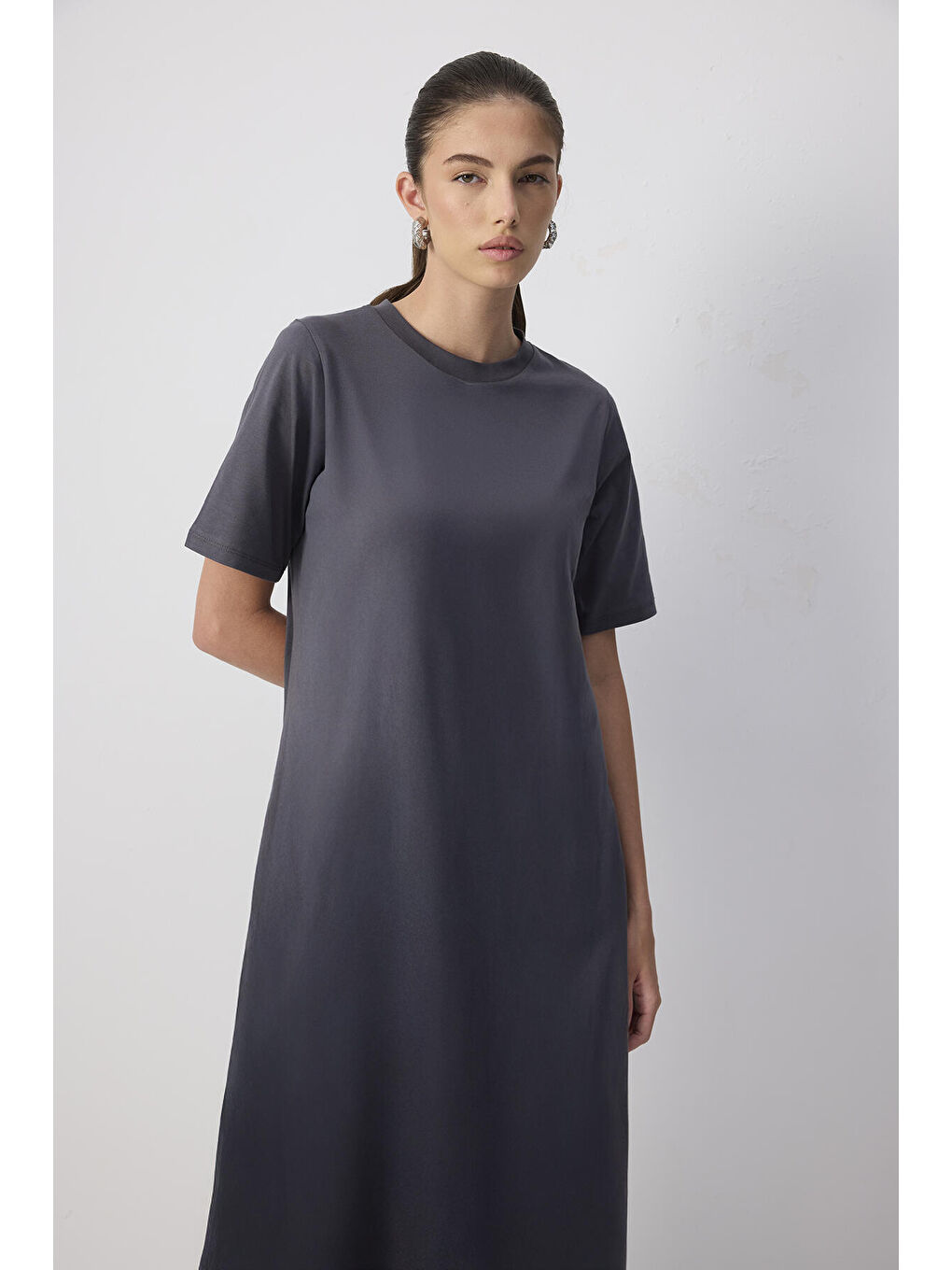 Antrasit %100 Pamuklu Kısa Kollu Örme Elbise-1