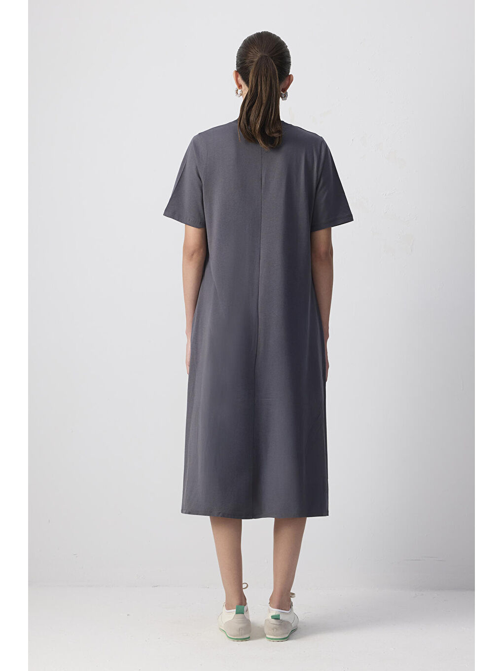 Antrasit %100 Pamuklu Kısa Kollu Örme Elbise-3