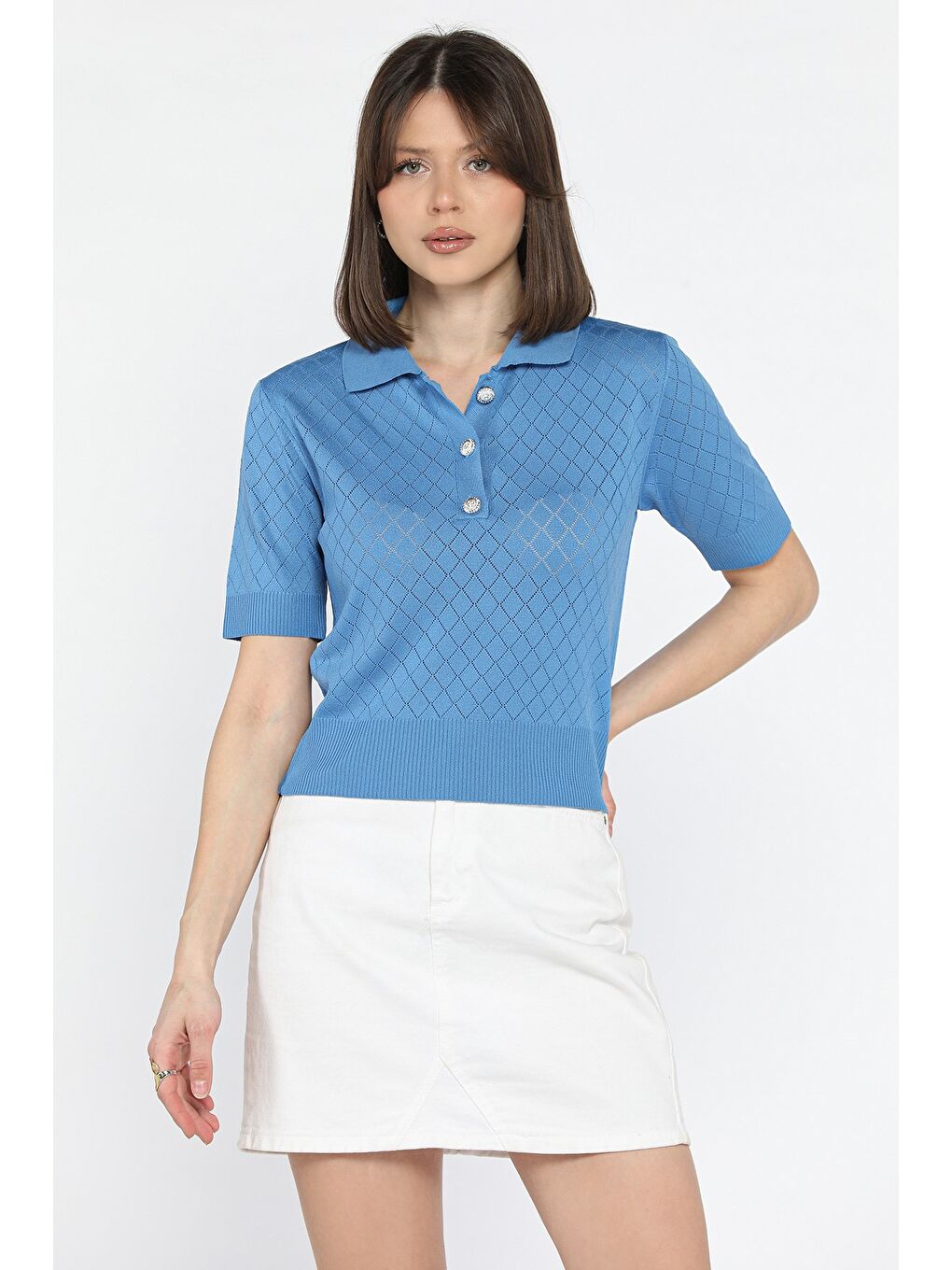 İndigo Polo Yaka Kendinden Desenli Ön Düğme Detaylı Kadın Elastanlı Triko Bluz