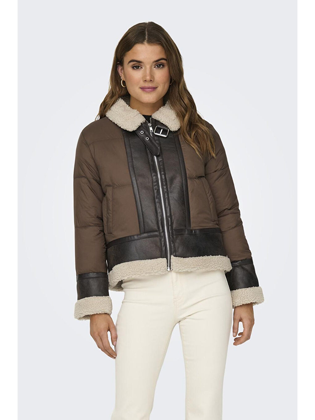 Kahverengi Onlmelinda Regular Fit Kemerli Gömlek Yaka Kadın Mont 15324139