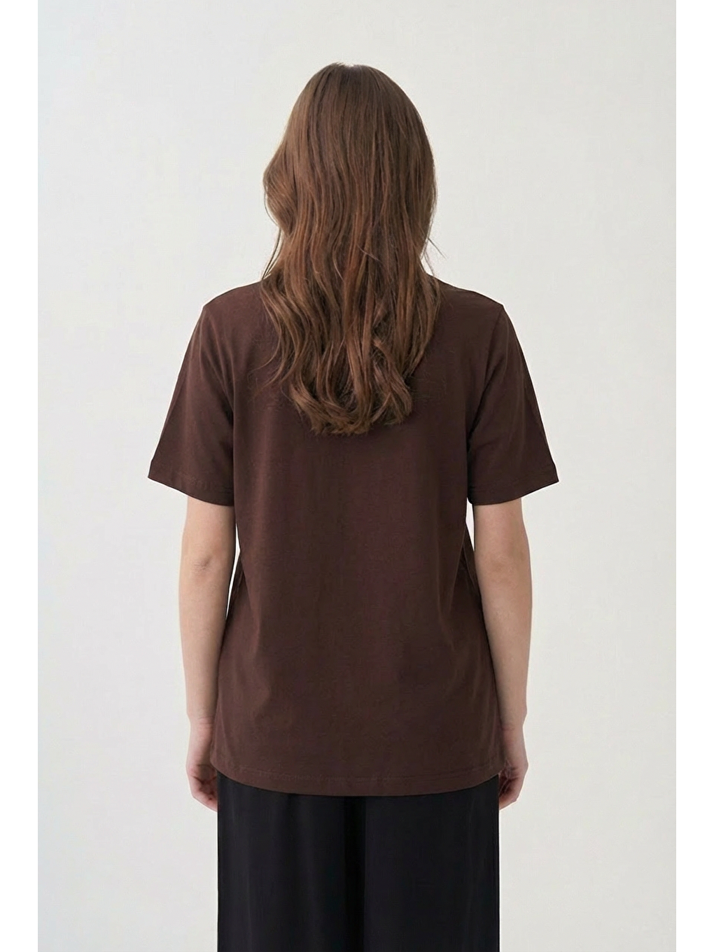 Kahverengi Kahve-bisiklet Yaka Pamuklu T-shirt-1