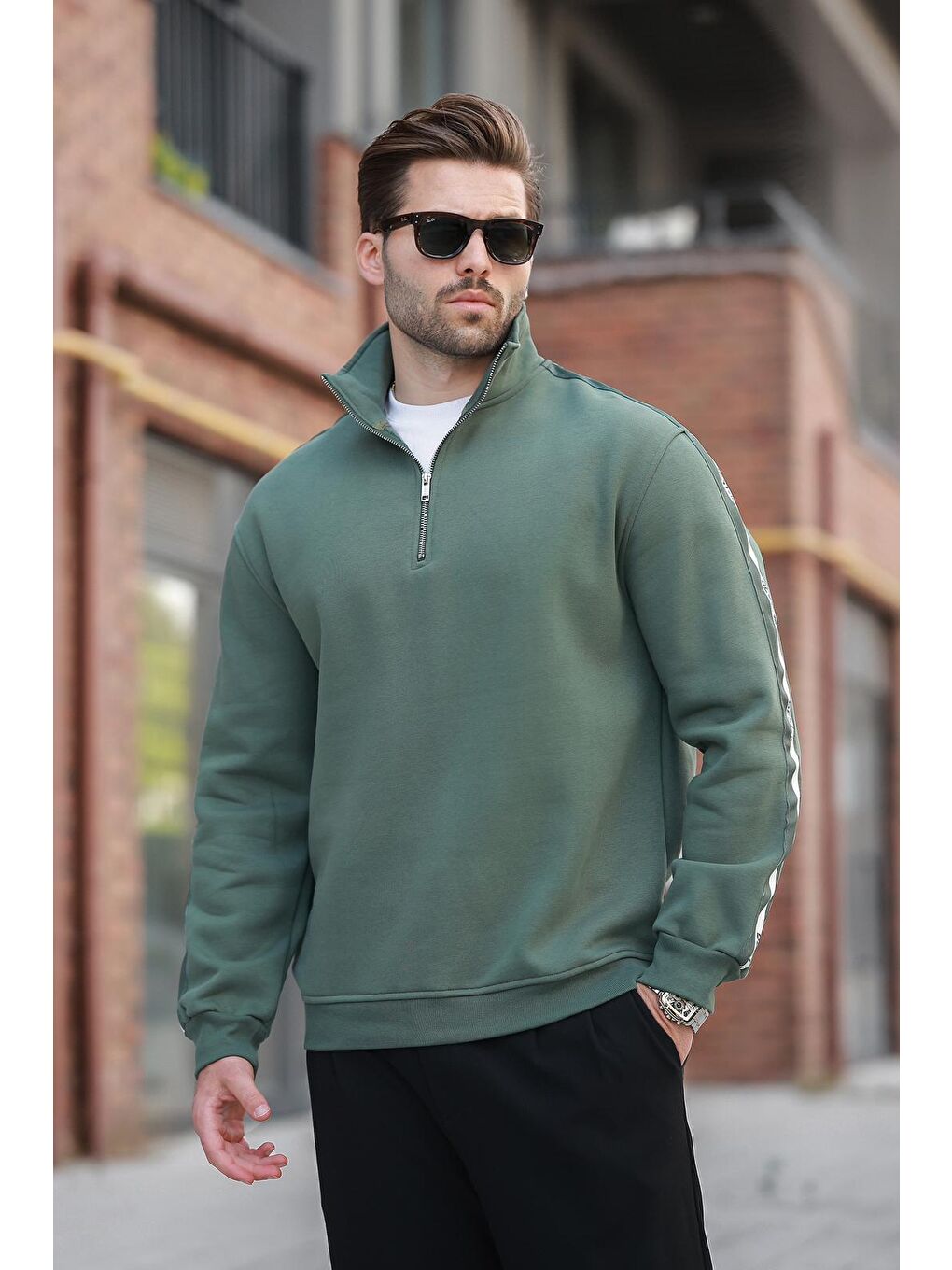 Haki Kahverengi Fermuarlı Yarım Dik Yaka Erkek Sweatshirt E7164