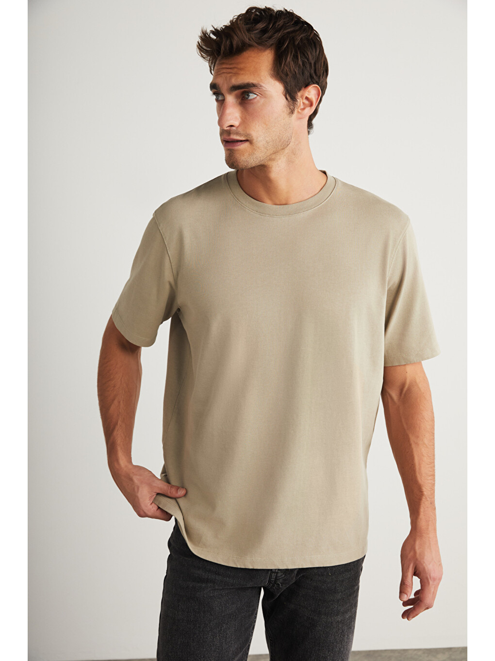 Blas Erkek Basic Oversize %100 Pamuklu Organik Pamuklu Örme Bisiklet Yaka Bej T-shirt