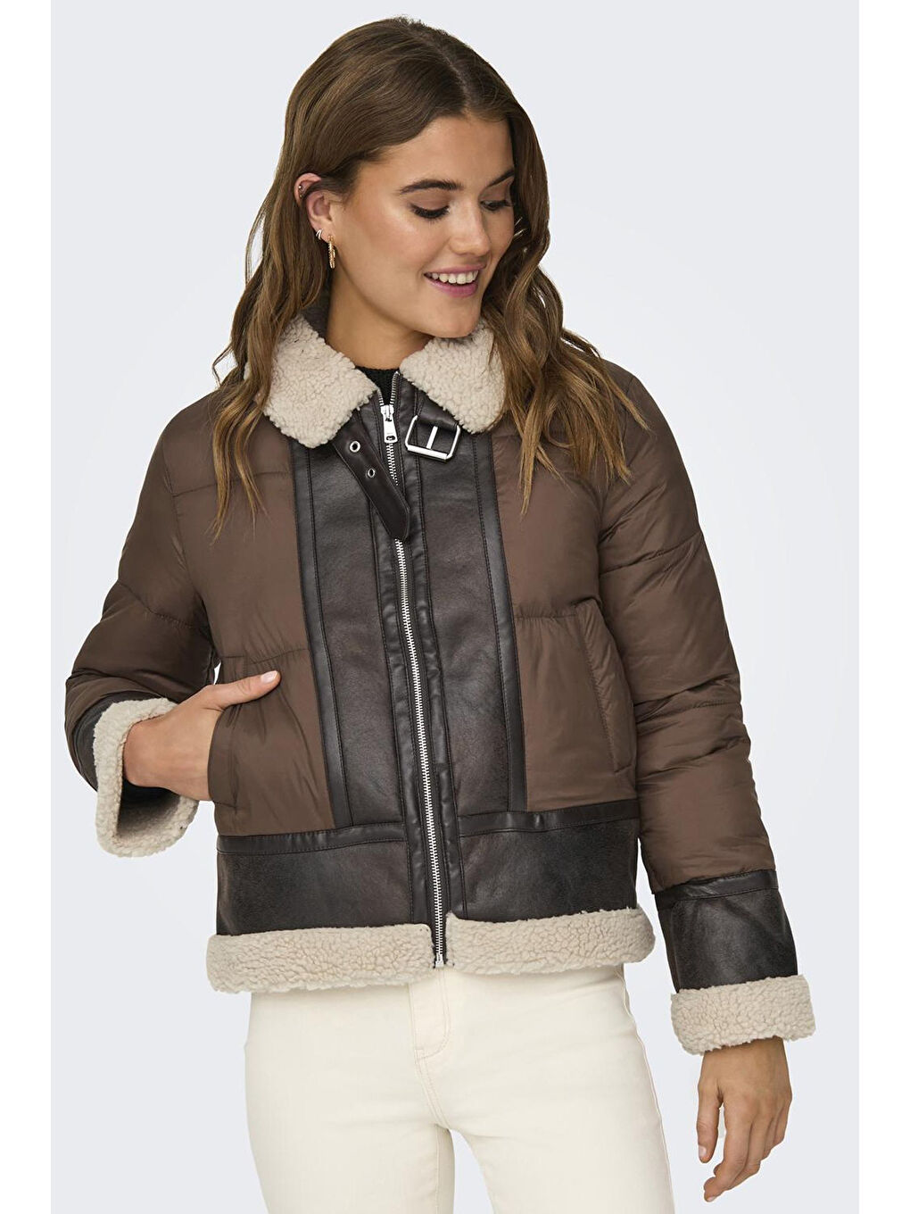 Kahverengi Onlmelinda Regular Fit Kemerli Gömlek Yaka Kadın Mont 15324139-2