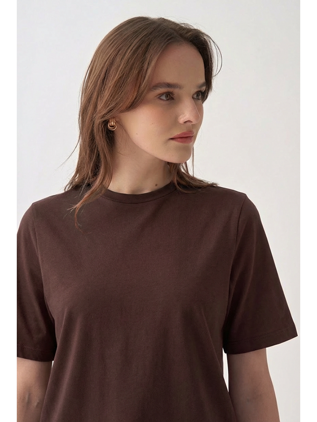 Kahverengi Kahve-bisiklet Yaka Pamuklu T-shirt-2