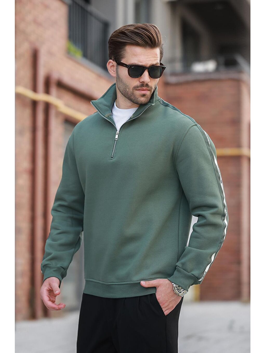 Haki Kahverengi Fermuarlı Yarım Dik Yaka Erkek Sweatshirt E7164-1