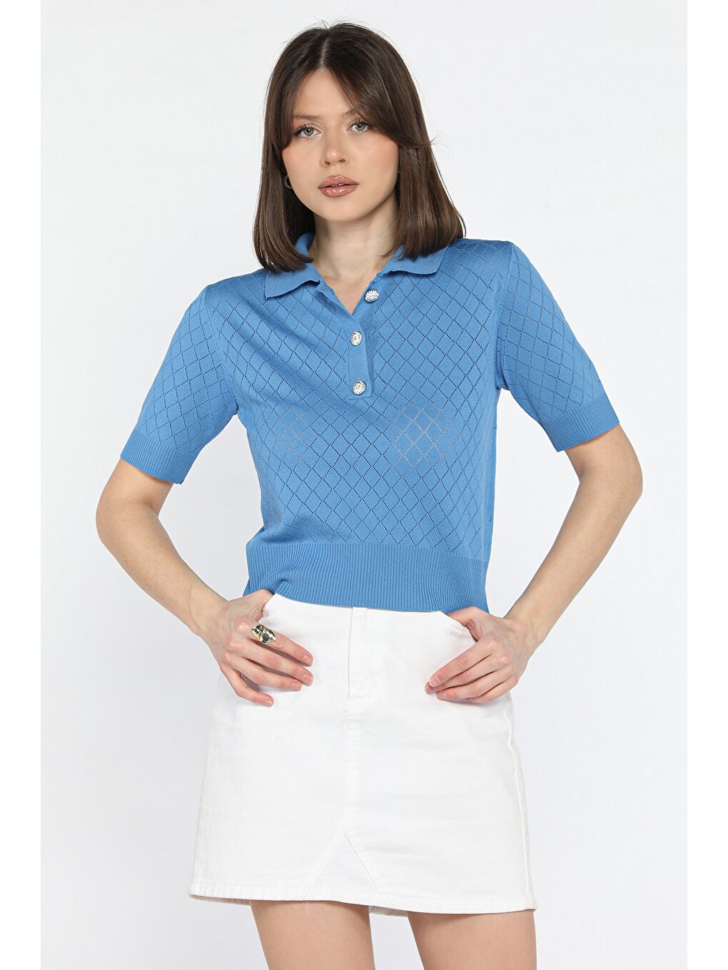 İndigo Polo Yaka Kendinden Desenli Ön Düğme Detaylı Kadın Elastanlı Triko Bluz-1