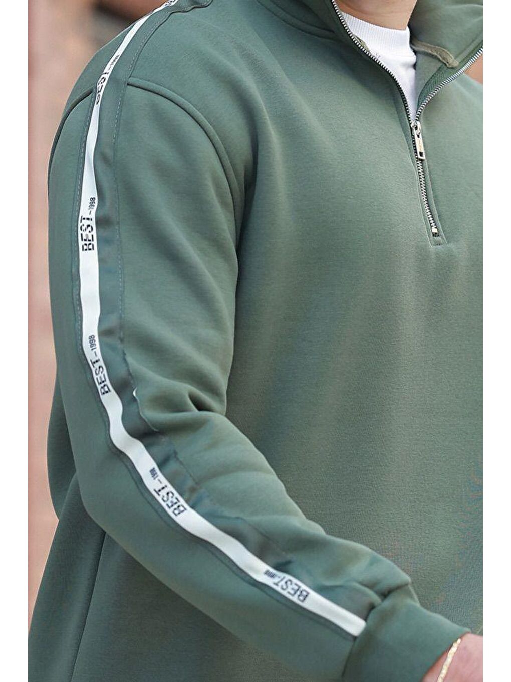 Haki Kahverengi Fermuarlı Yarım Dik Yaka Erkek Sweatshirt E7164-2