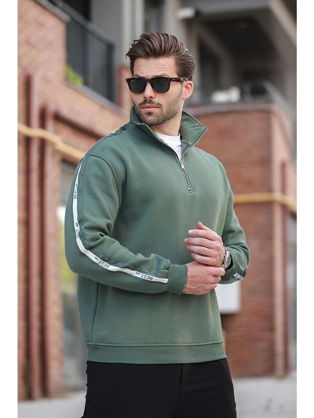 Haki Kahverengi Fermuarlı Yarım Dik Yaka Erkek Sweatshirt E7164-3