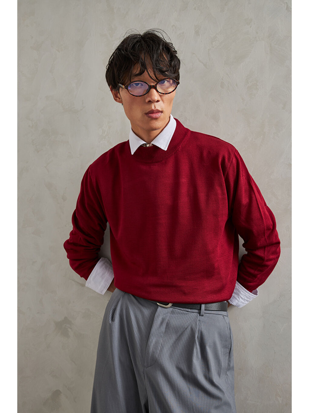 Bordo Erkek Yarım Balıkçı Oversize Basıc Triko Kazak