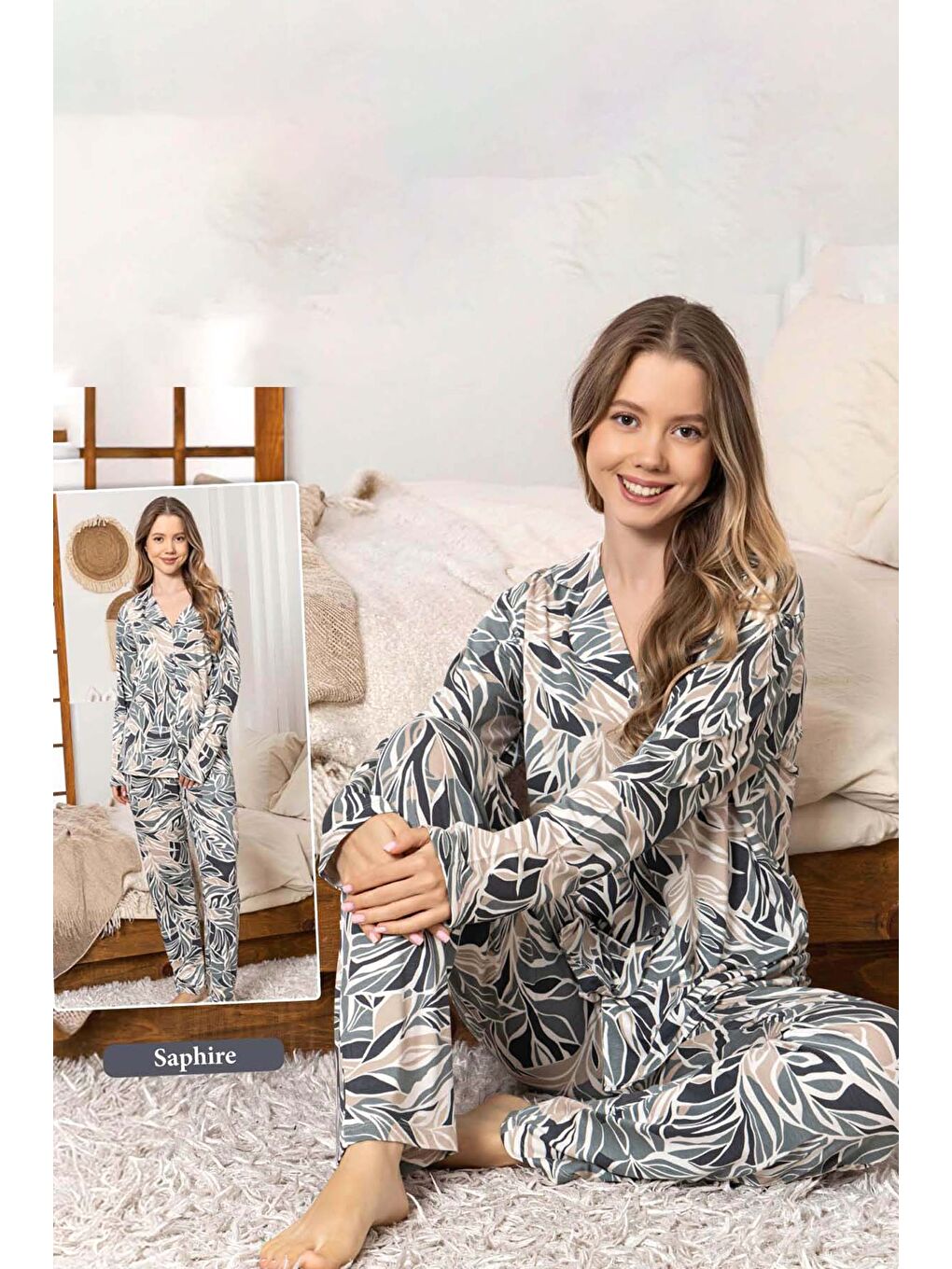 Kadın Yaprak Desen Düğmeli Saphire Pijama Takımı 0377 Gri-1