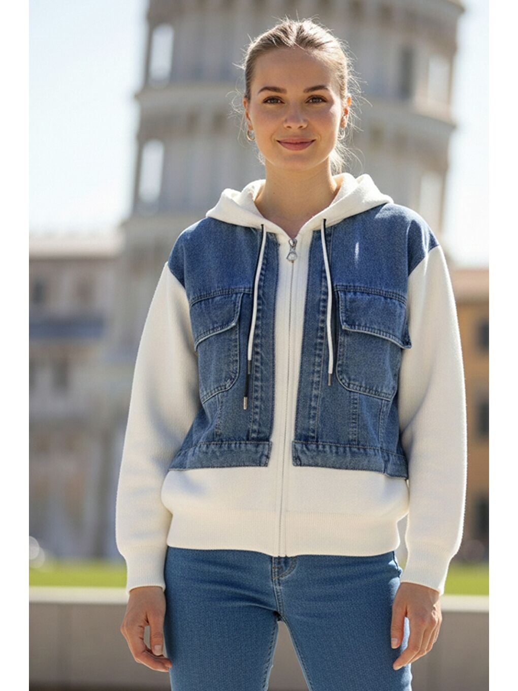 İtalyan Jean Mavisi Kapüşonlu Uzun Kol Fermuarlı Cepli Triko Garnili Denim Ceket 65 60-1