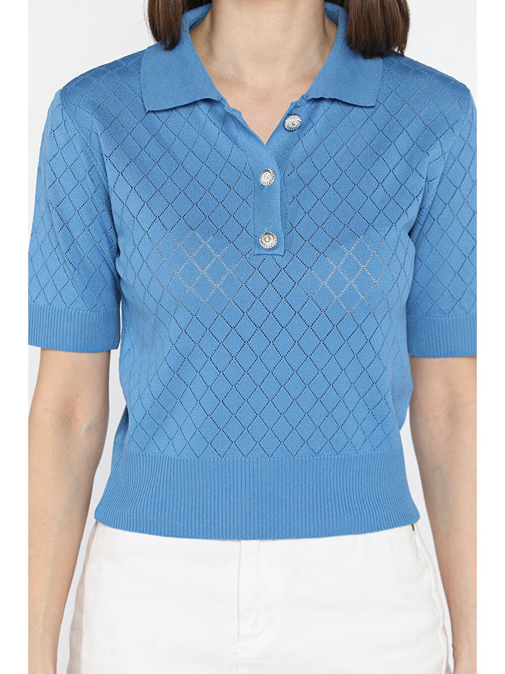 İndigo Polo Yaka Kendinden Desenli Ön Düğme Detaylı Kadın Elastanlı Triko Bluz-2