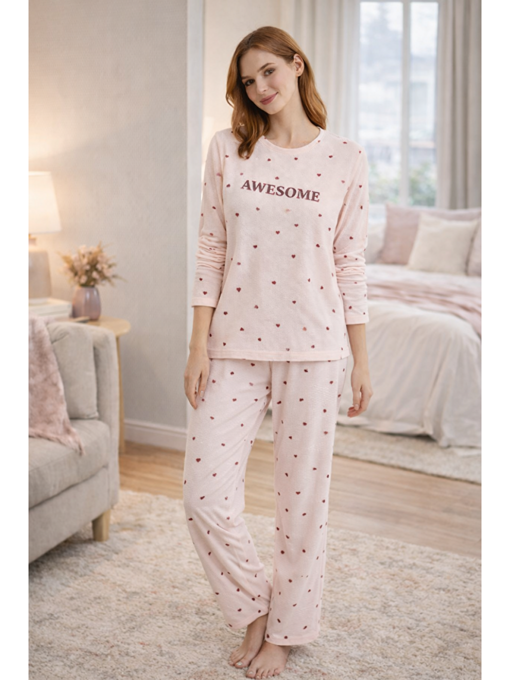 Pembe Kadın Desenli  Waffle Kumaş Yüksek Kalite Düğmeli Uzun Kollu Pijama Takımı