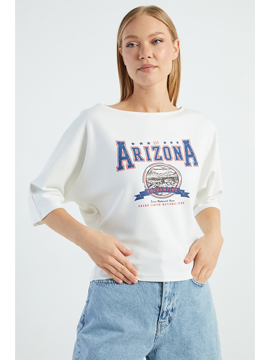 Ekru Arizona Baskılı Yarasa Kol Bluz-1