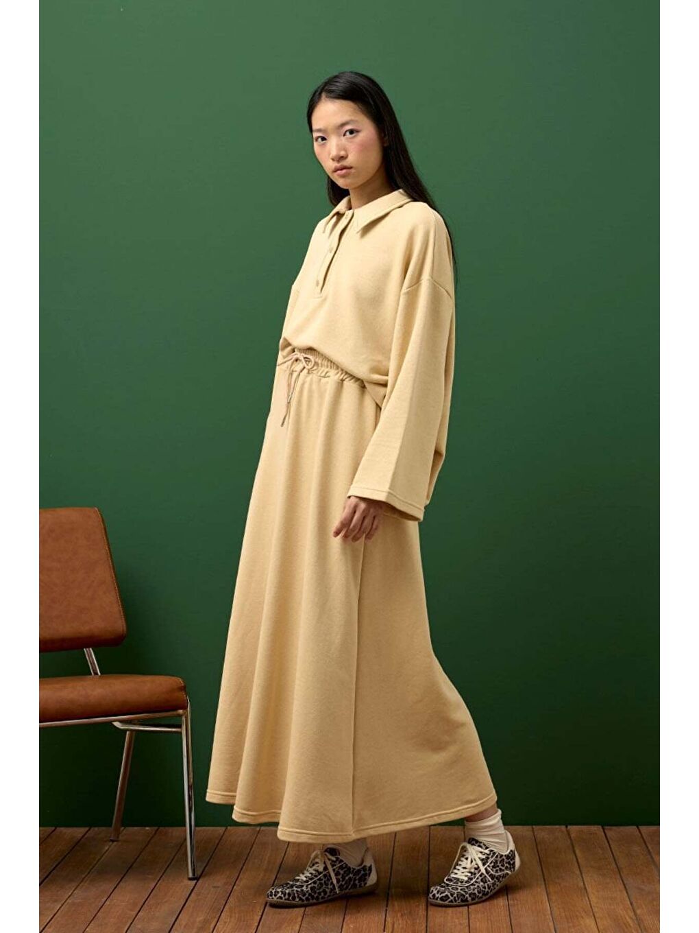 Bej 3 İplik Yakalı Body & Etek Takım-1