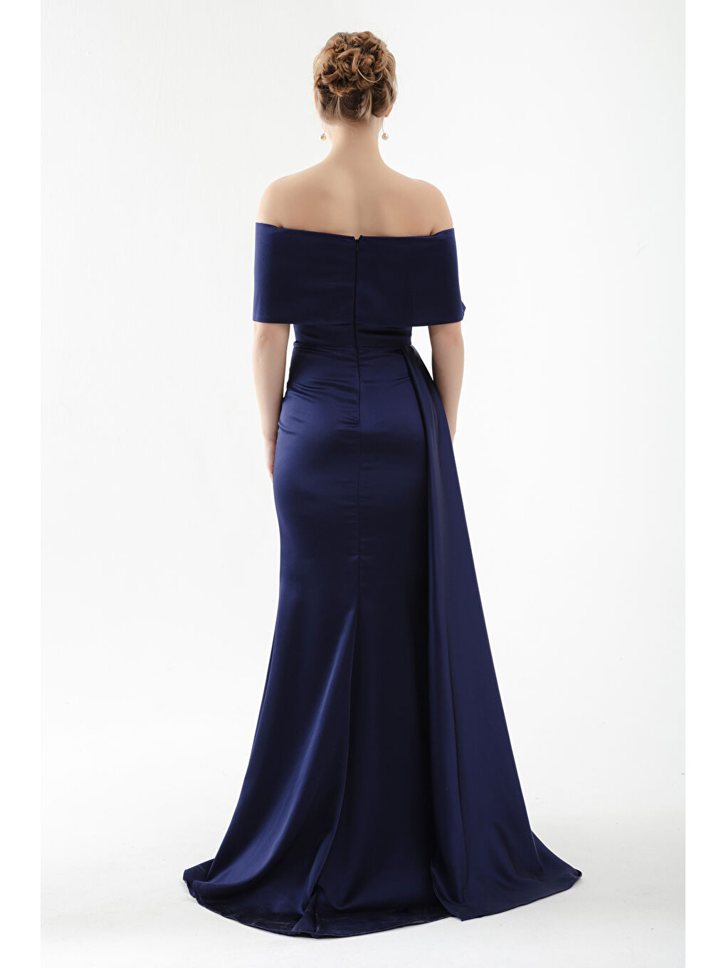 Kadın Lacivert Kayık Yaka Yırtmaçlı Uzun Abiye Elbise-4