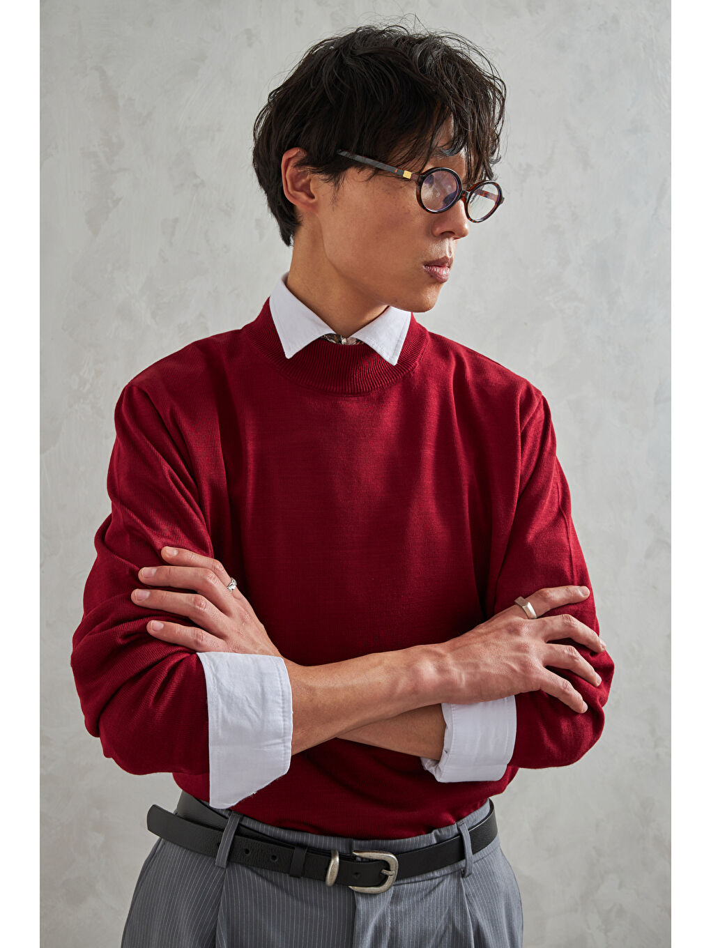 Bordo Erkek Yarım Balıkçı Oversize Basıc Triko Kazak-1