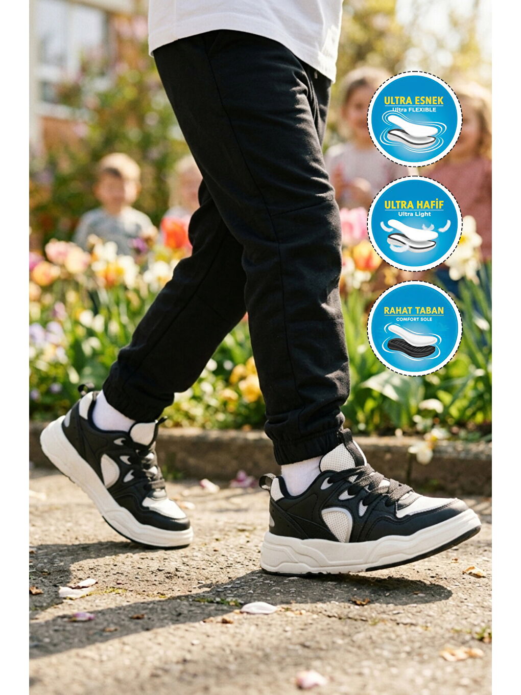 Siyah Beyaz Fileli Hafif Esnek Unisex Çocuk Spor Ayakkabı Jacop F-2