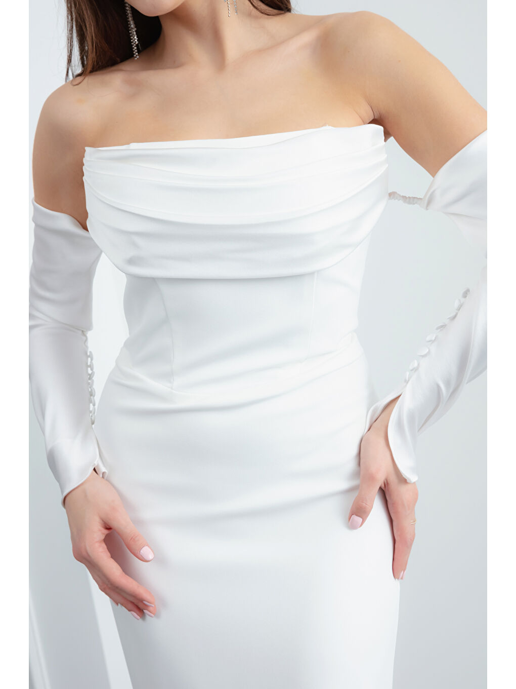 Kadın Beyaz Yaka Detaylı Balık Abiye Elbise-3