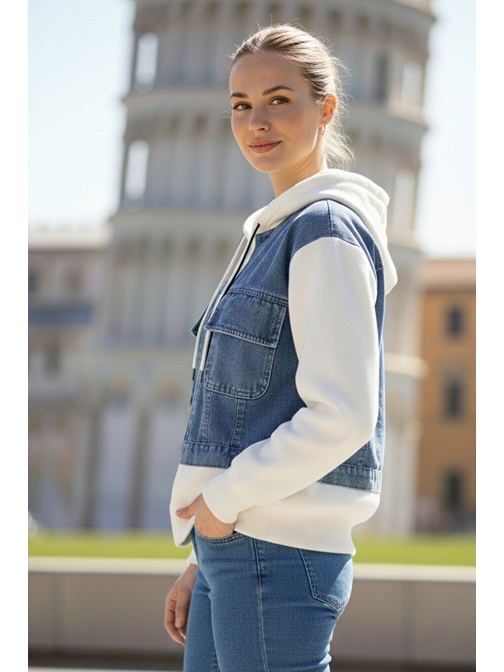 İtalyan Jean Mavisi Kapüşonlu Uzun Kol Fermuarlı Cepli Triko Garnili Denim Ceket 65 60-2