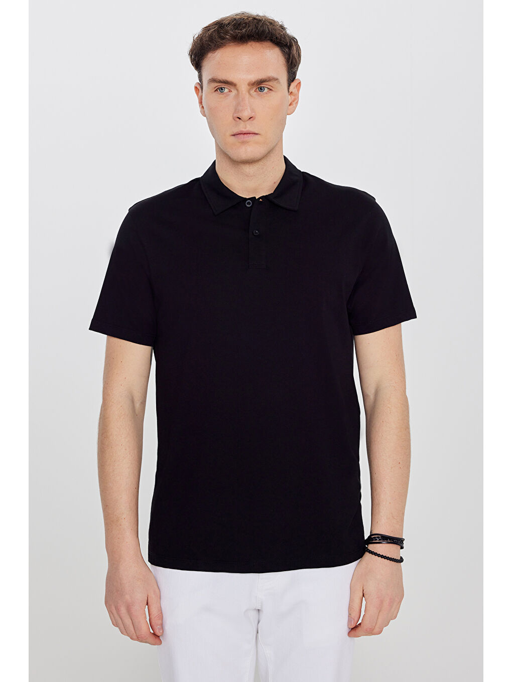Erkek Siyah %100 Pamuk Standart Fit Normal Kesim Polo Yaka Tişört