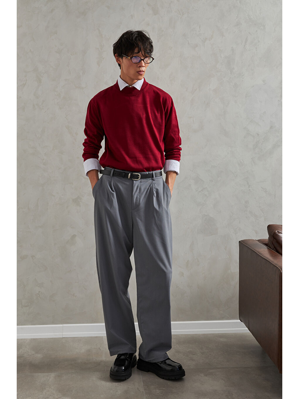 Bordo Erkek Yarım Balıkçı Oversize Basıc Triko Kazak-2