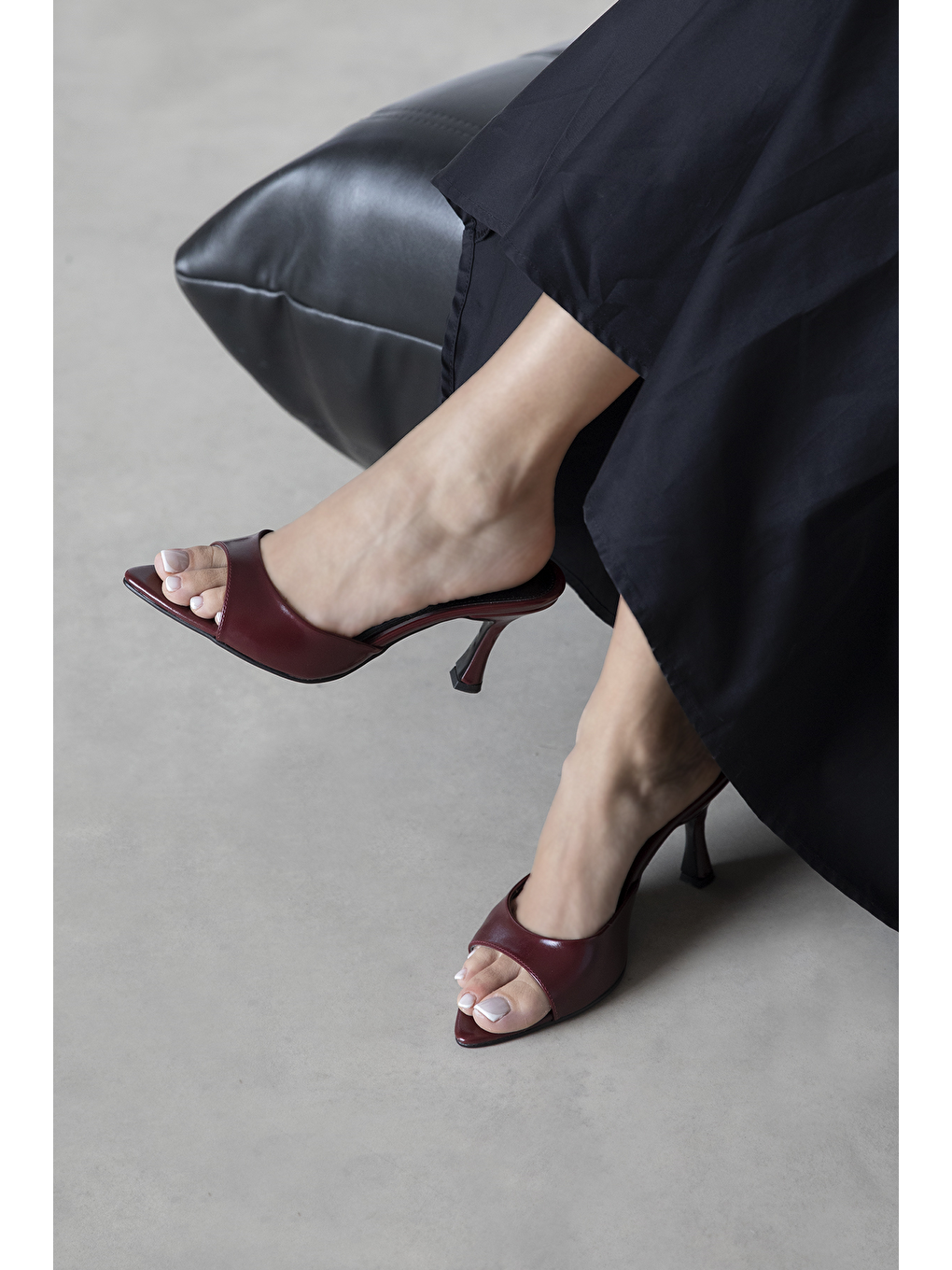 Franco Kadın Topuklu Kırışık Deri Bordo Topuklu Terlik