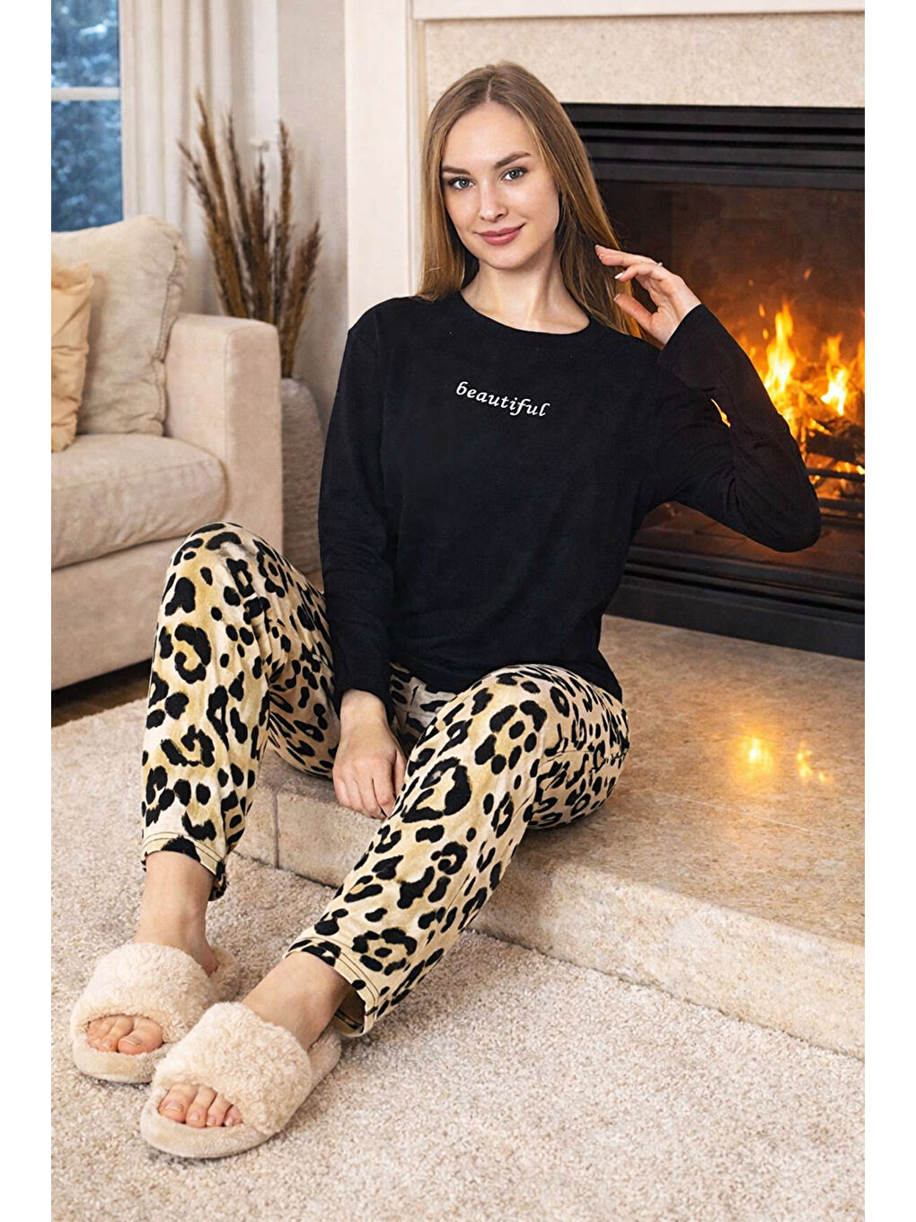 Büyük Beden Kadın Desenli Saphire Pijama Takımı 0532 Siyah10-2