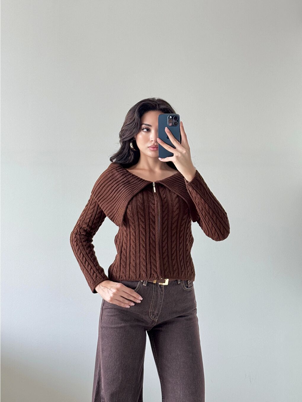 Kahverengi Kadın Kahve Fermuarlı Hırka 1014-2406-3