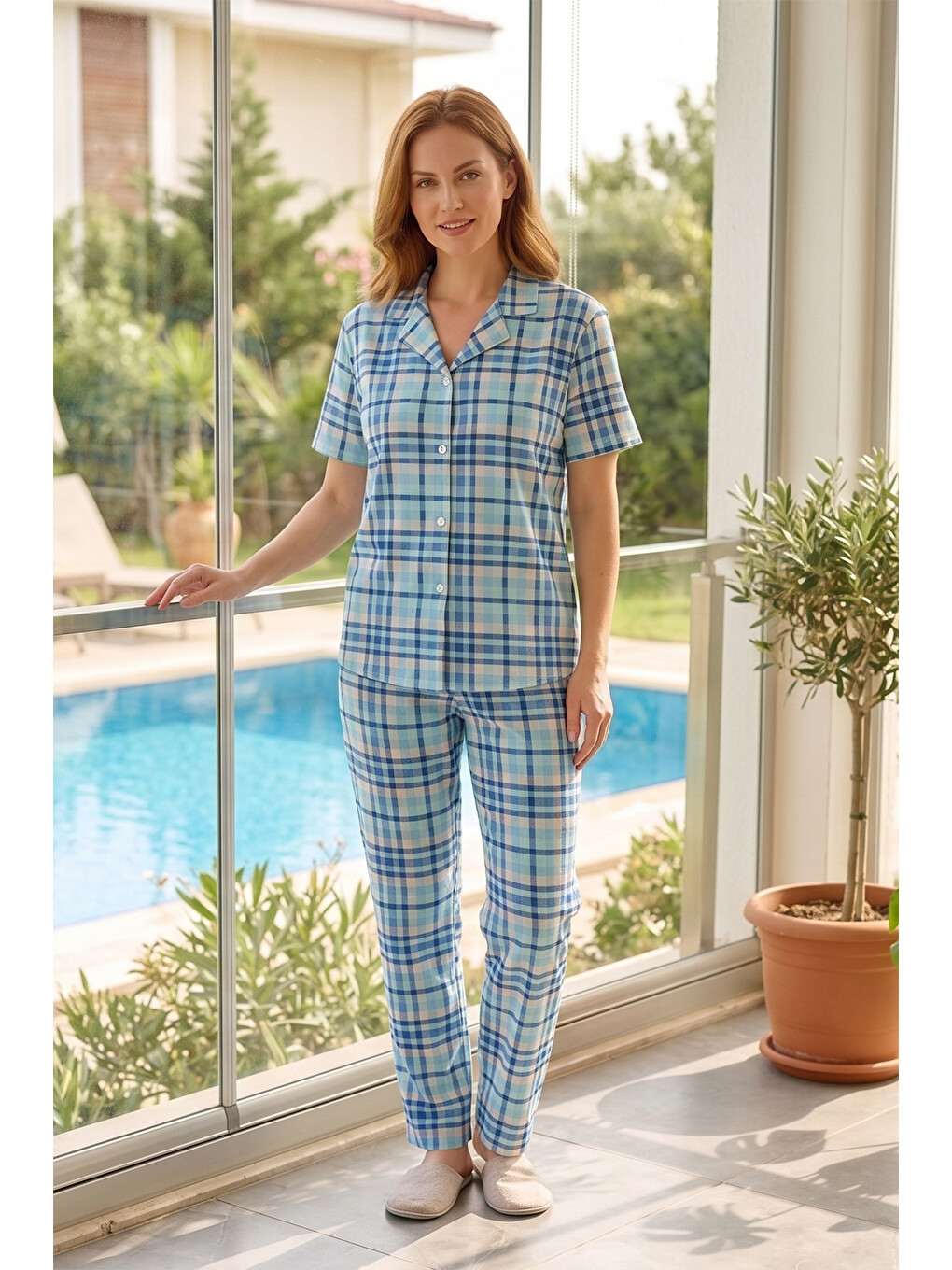Kadın Ekose Kısa Kol Milan Kumaş Pijama Takımı 50501-1034 Mavi01-3