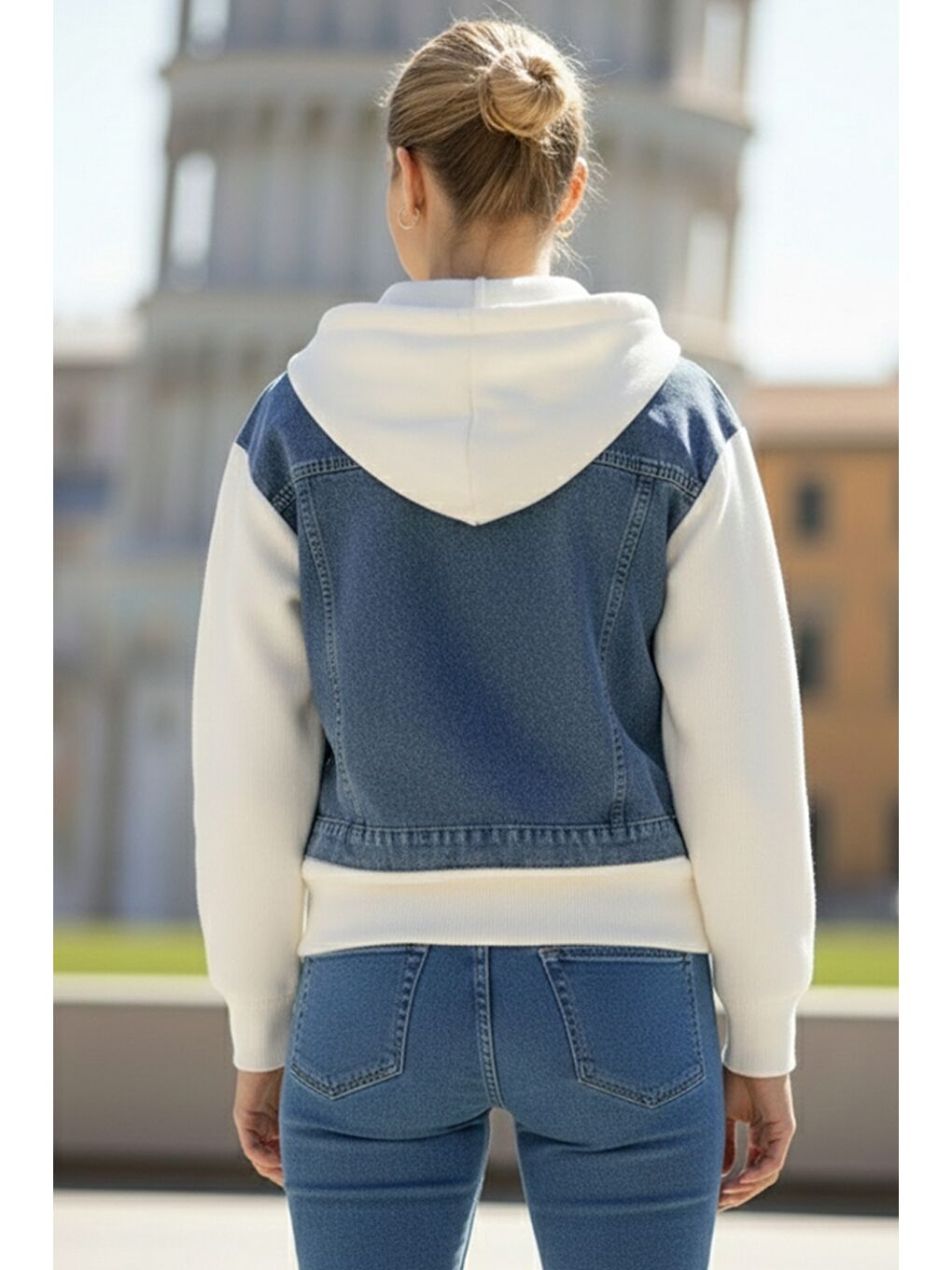 İtalyan Jean Mavisi Kapüşonlu Uzun Kol Fermuarlı Cepli Triko Garnili Denim Ceket 65 60-3