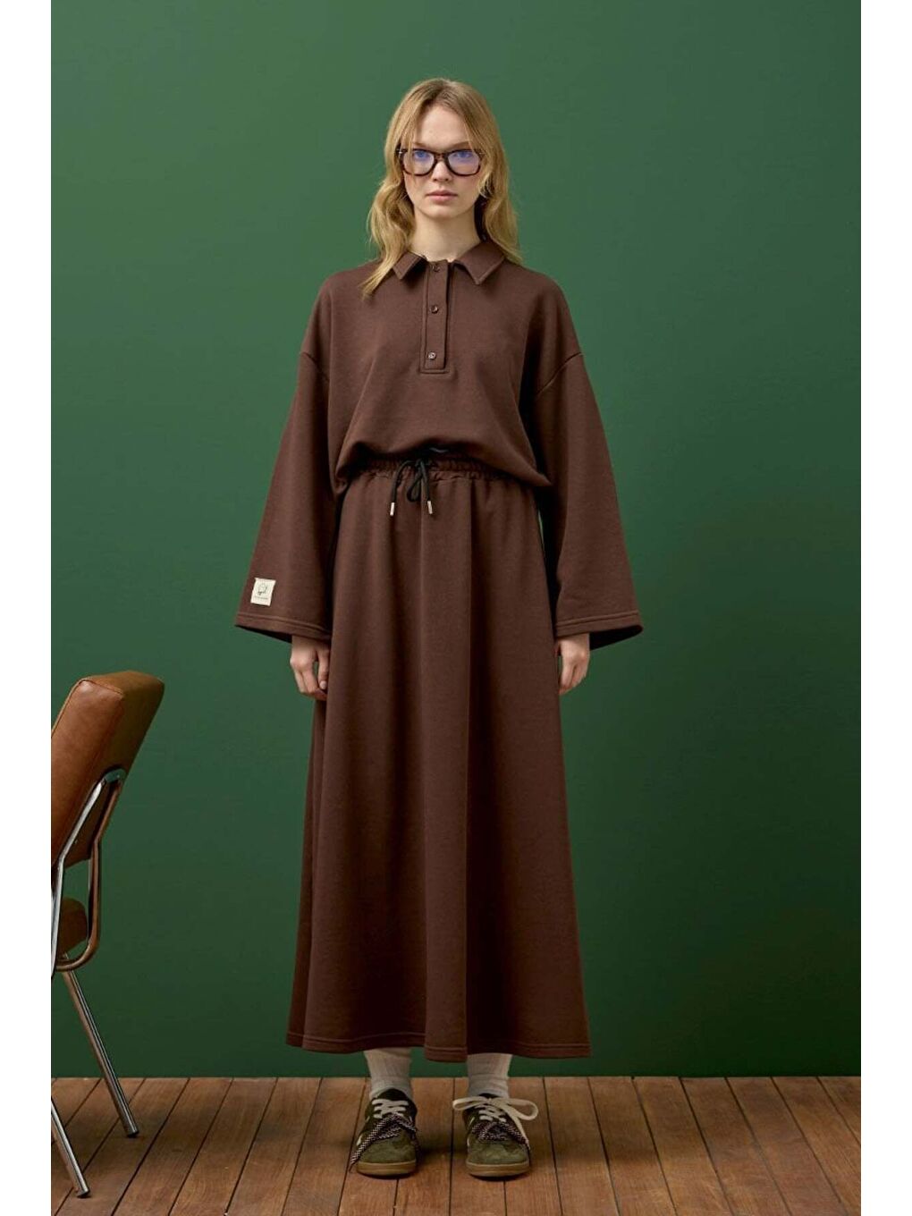 Kahverengi Çikolata 3 İplik Yakalı Body & Etek Takım-1