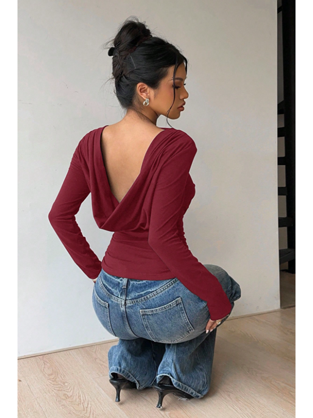 Kadın Bordo Derin Sırt Dekolteli Uzun Kollu Esnek Pamuk Bluz-1
