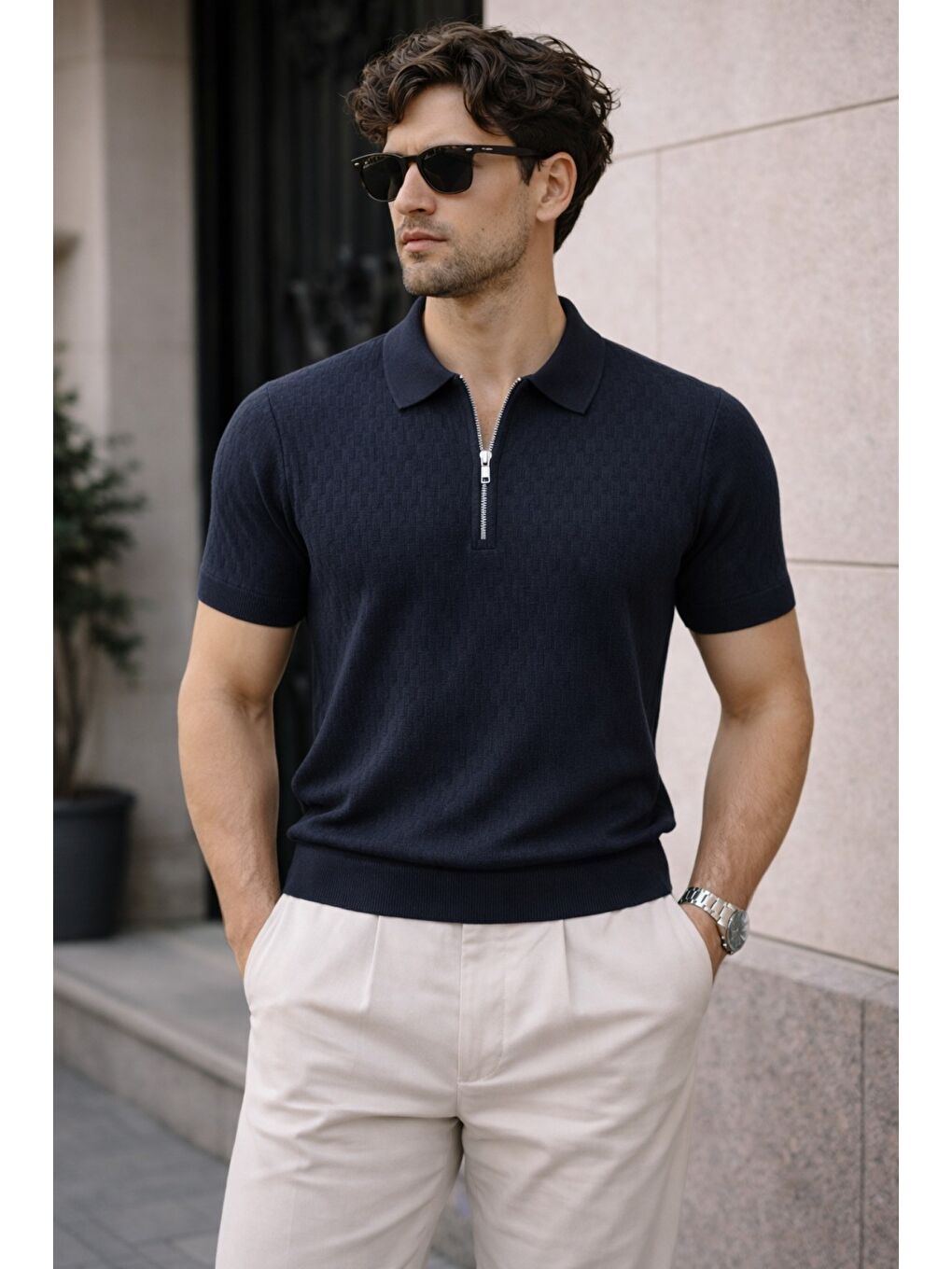 Lacivert Erkek Fermuarlı Polo Yaka Triko Tişört Slim Fit Dokulu Yazlık Casual