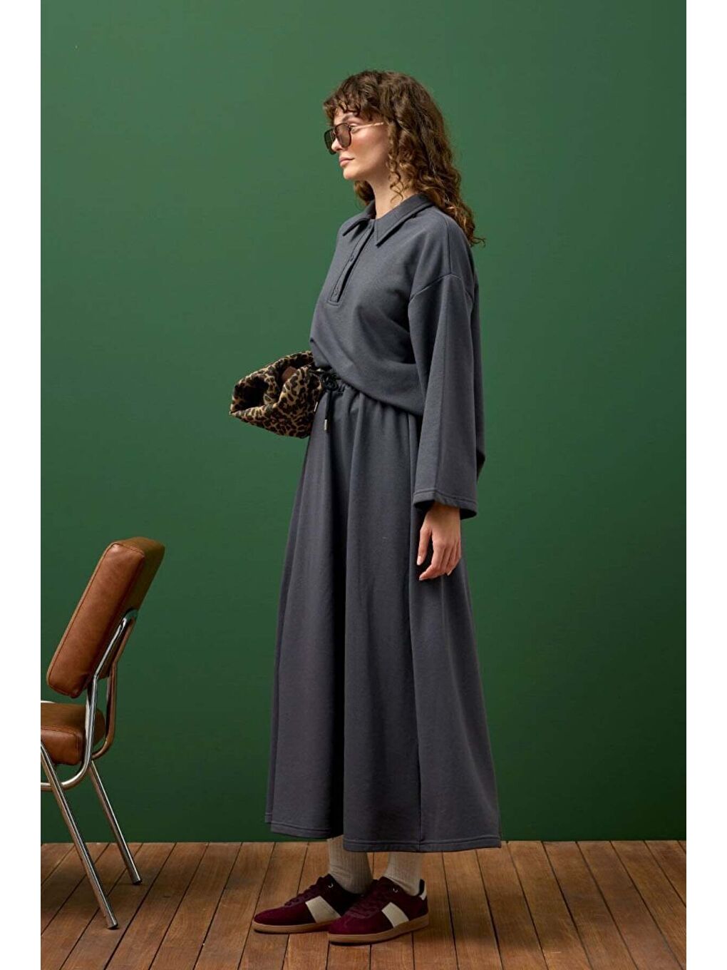 Antrasit 3 İplik Yakalı Body & Etek Takım-1