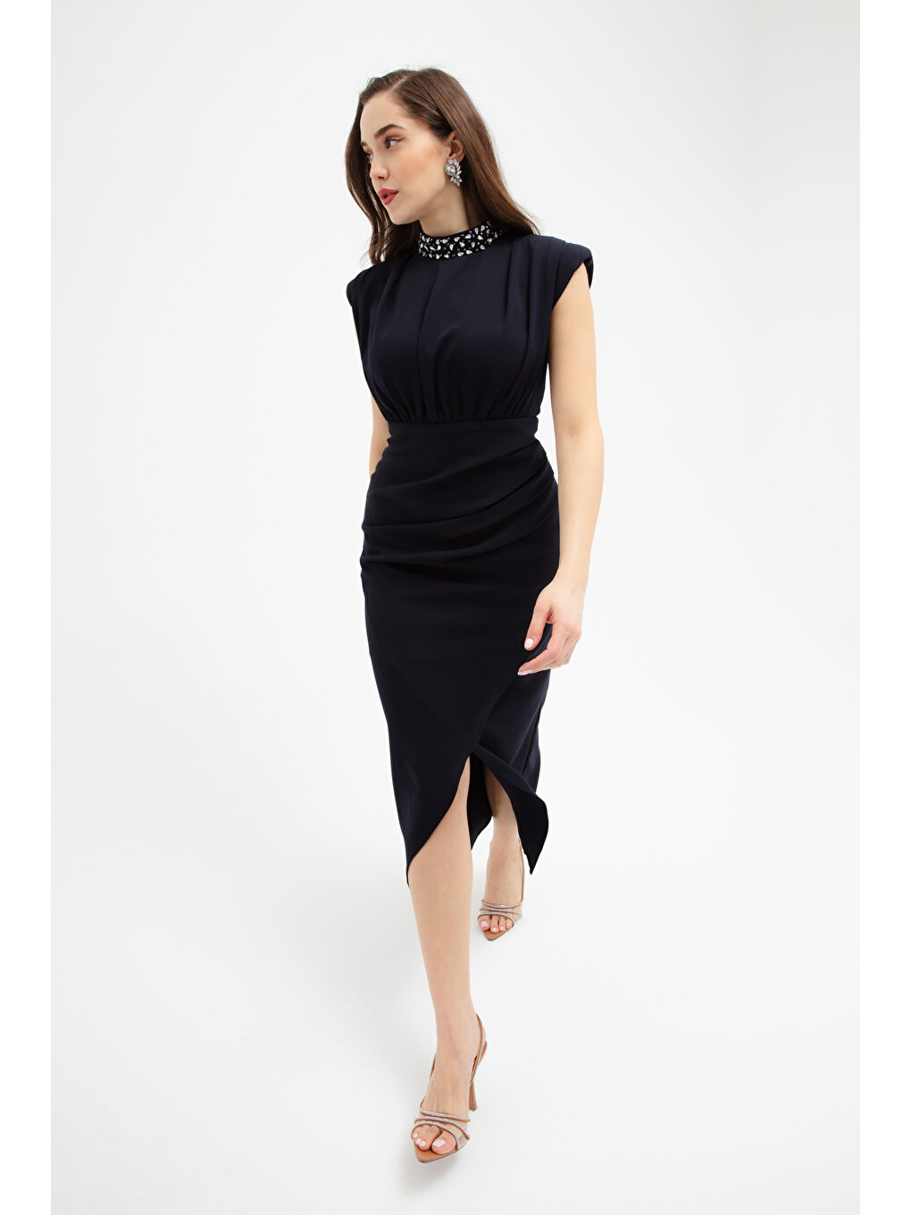 Kadın Lacivert Yakası Taşlı Midi Abiye Elbise