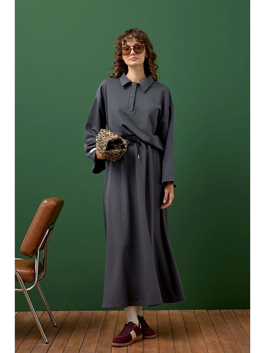 Antrasit 3 İplik Yakalı Body & Etek Takım-2