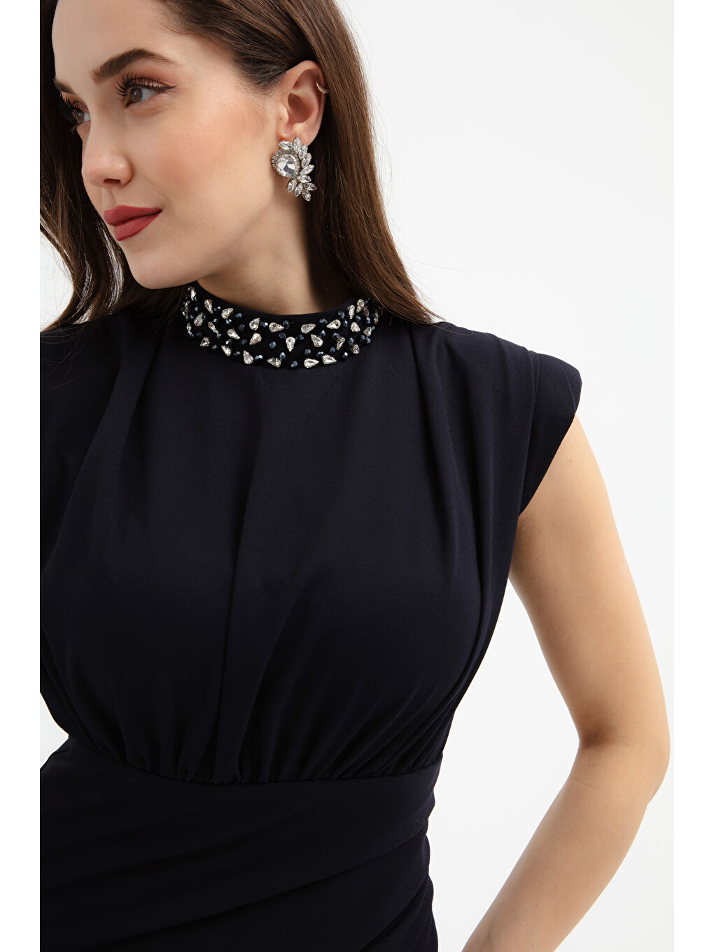 Kadın Lacivert Yakası Taşlı Midi Abiye Elbise-1