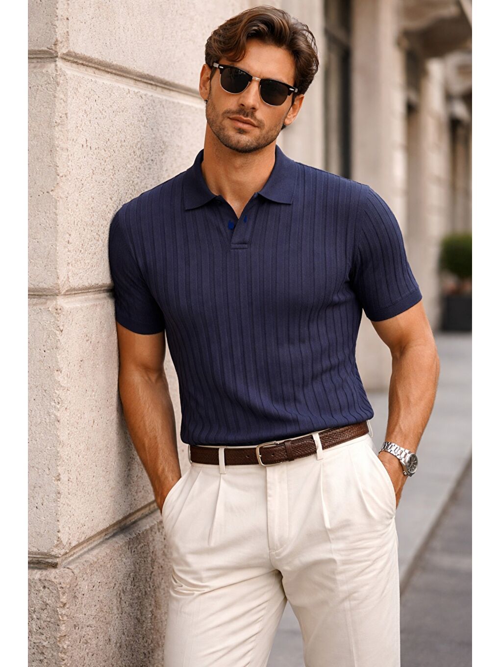 Lacivert Erkek Polo Yaka İnce Triko Tişört Yazlık Rahat Kalıp